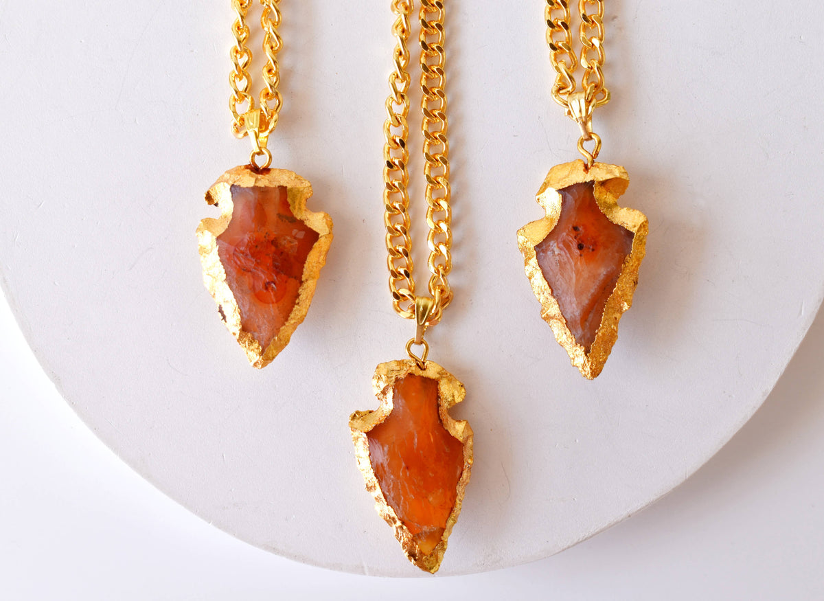 Carnelian Arrowhead Pendant, Electroplated Gold Crystals Pendants with Chain | | Wiccan Center