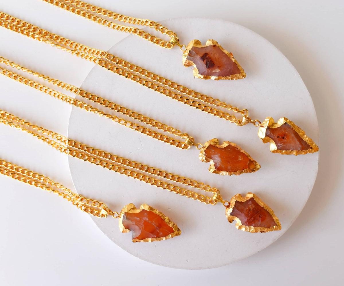 Carnelian Arrowhead Pendant, Electroplated Gold Crystals Pendants with Chain | | Wiccan Center