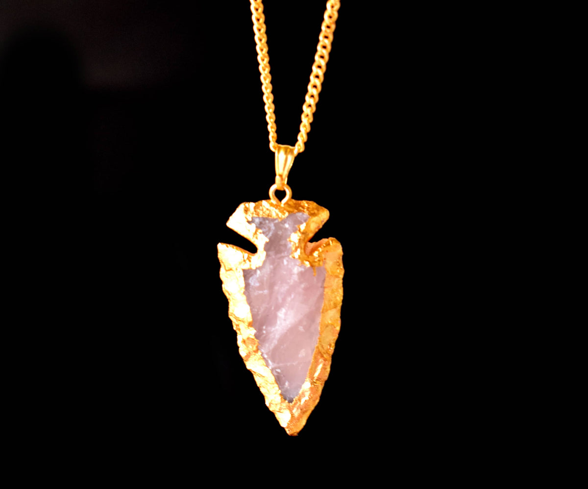 Rose Quartz Arrowheads Pendants, Electroplated Gold Crystals Pendants with Chain | | Wiccan Center