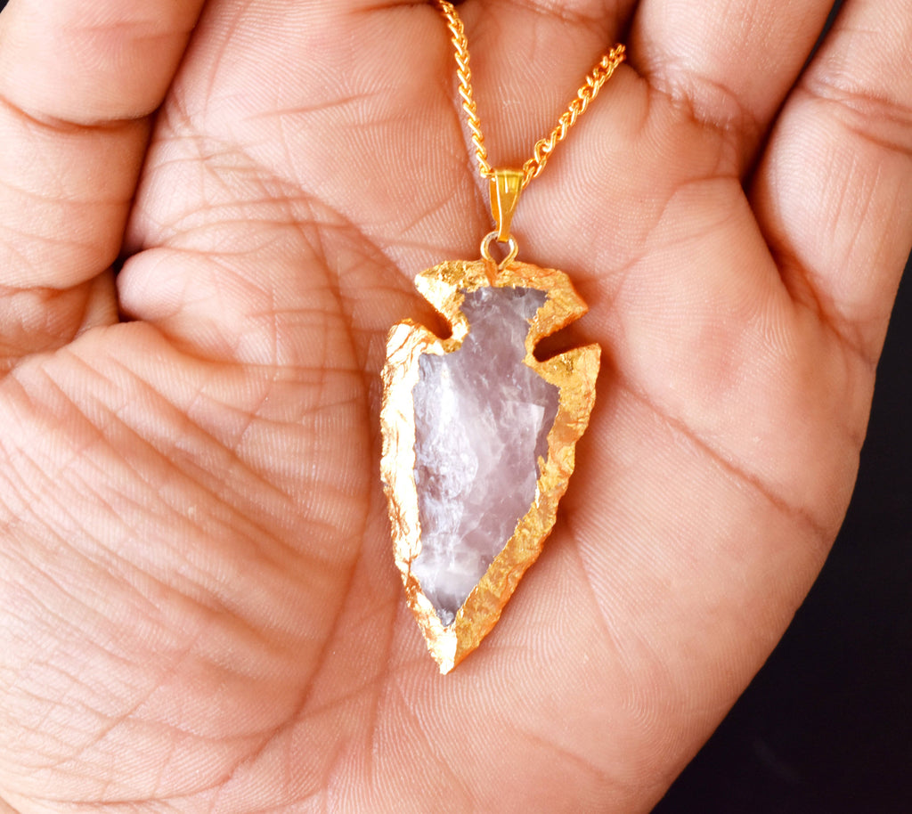 Rose Quartz Arrowheads Pendants, Electroplated Gold Crystals Pendants with Chain | | Wiccan Center