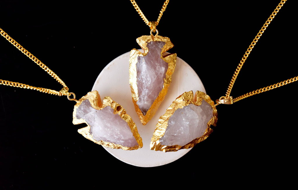 Rose Quartz Arrowheads Pendants, Electroplated Gold Crystals Pendants with Chain | | Wiccan Center