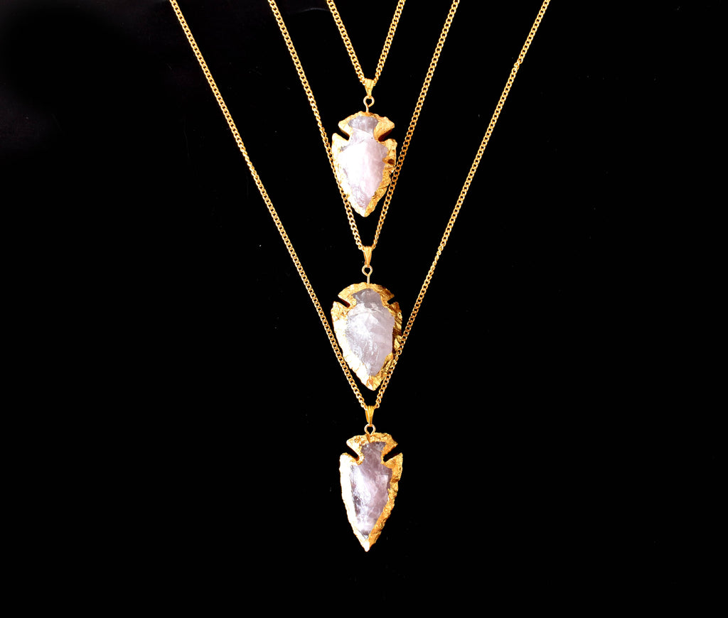 Rose Quartz Arrowheads Pendants, Electroplated Gold Crystals Pendants with Chain | | Wiccan Center