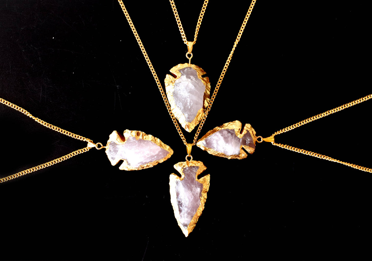 Rose Quartz Arrowheads Pendants, Electroplated Gold Crystals Pendants with Chain | | Wiccan Center