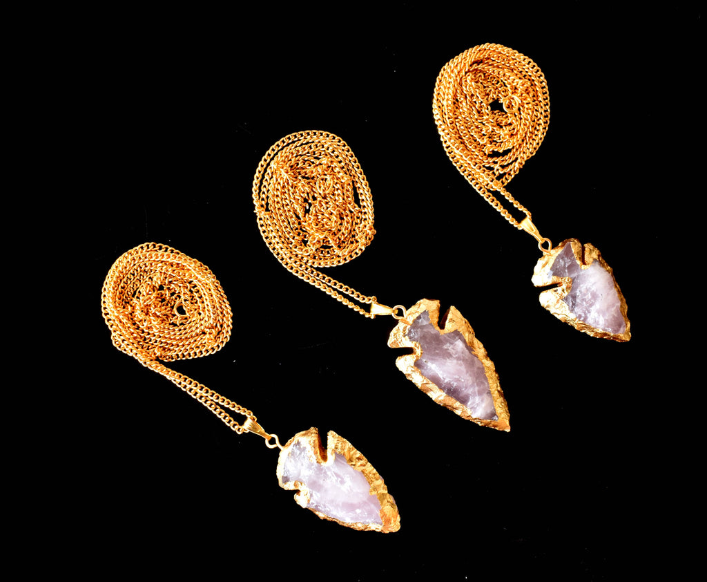 Rose Quartz Arrowheads Pendants, Electroplated Gold Crystals Pendants with Chain | | Wiccan Center