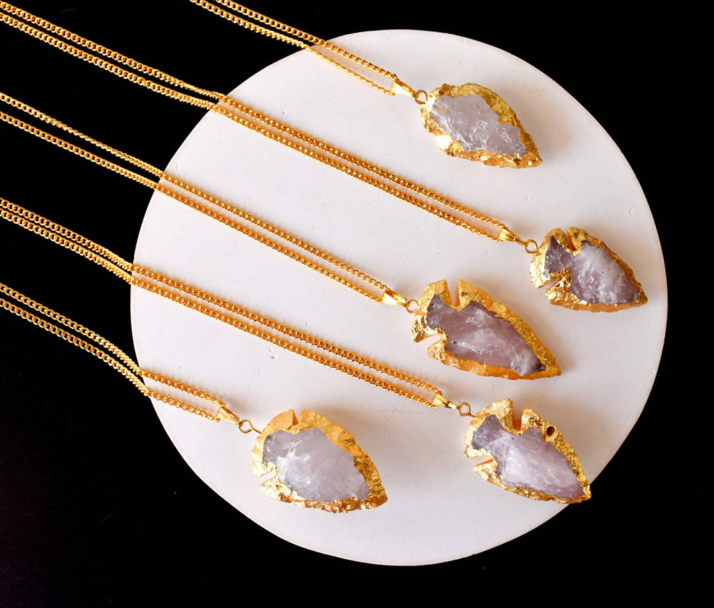 Rose Quartz Arrowheads Pendants, Electroplated Gold Crystals Pendants with Chain | | Wiccan Center