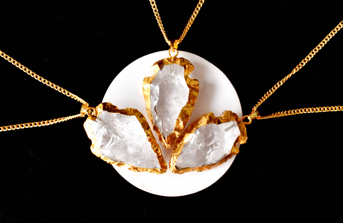 Clear Quartz Arrowhead Pendant, Electroplated Gold Crystals Pendants with Chain