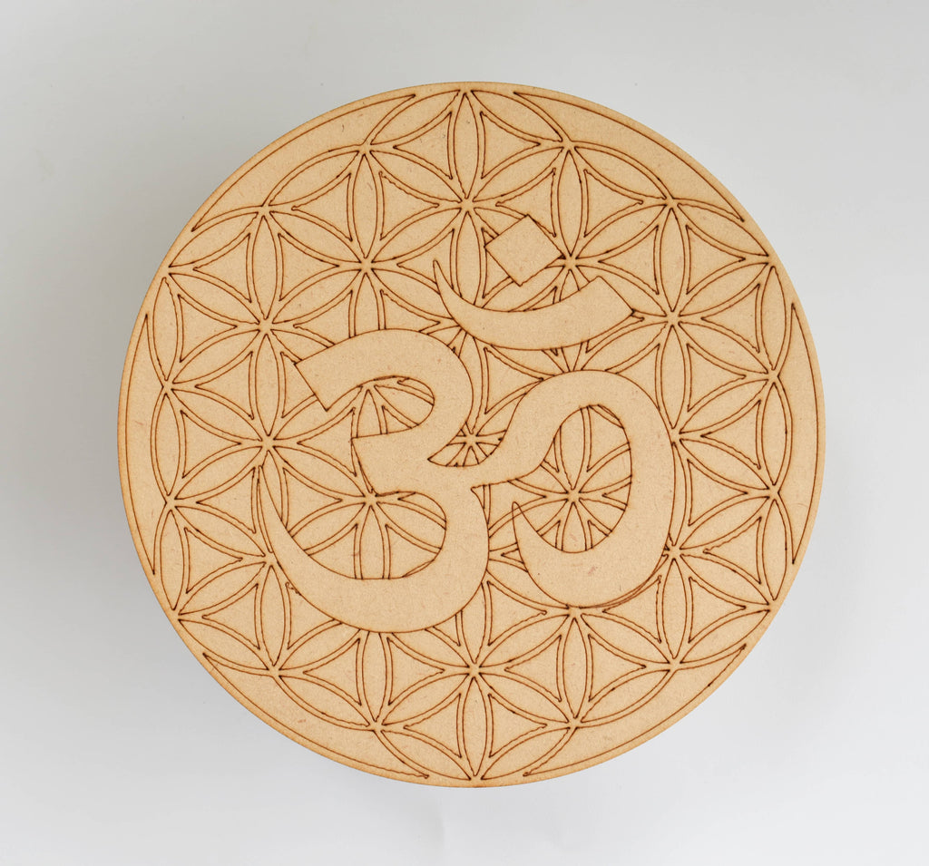 Tree of Life with Om Crystal Grid Board, 6" Wooden Crystal Grid Plate | Pyramids & Spheres | Wiccan Center