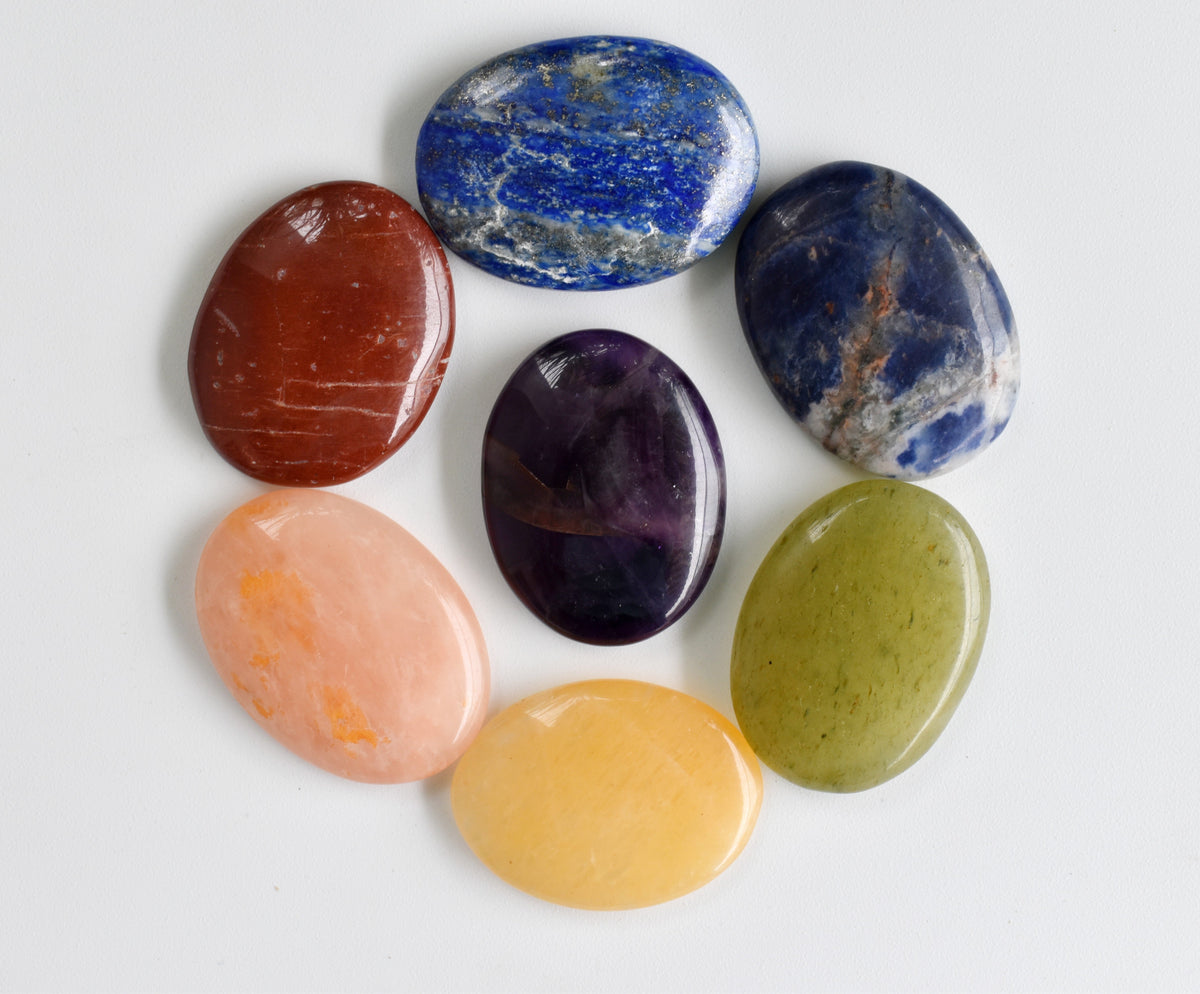 7 Chakra Crystals Worry Stones Set with Wooden Grid Plate, Selenite Log | | Wiccan Center
