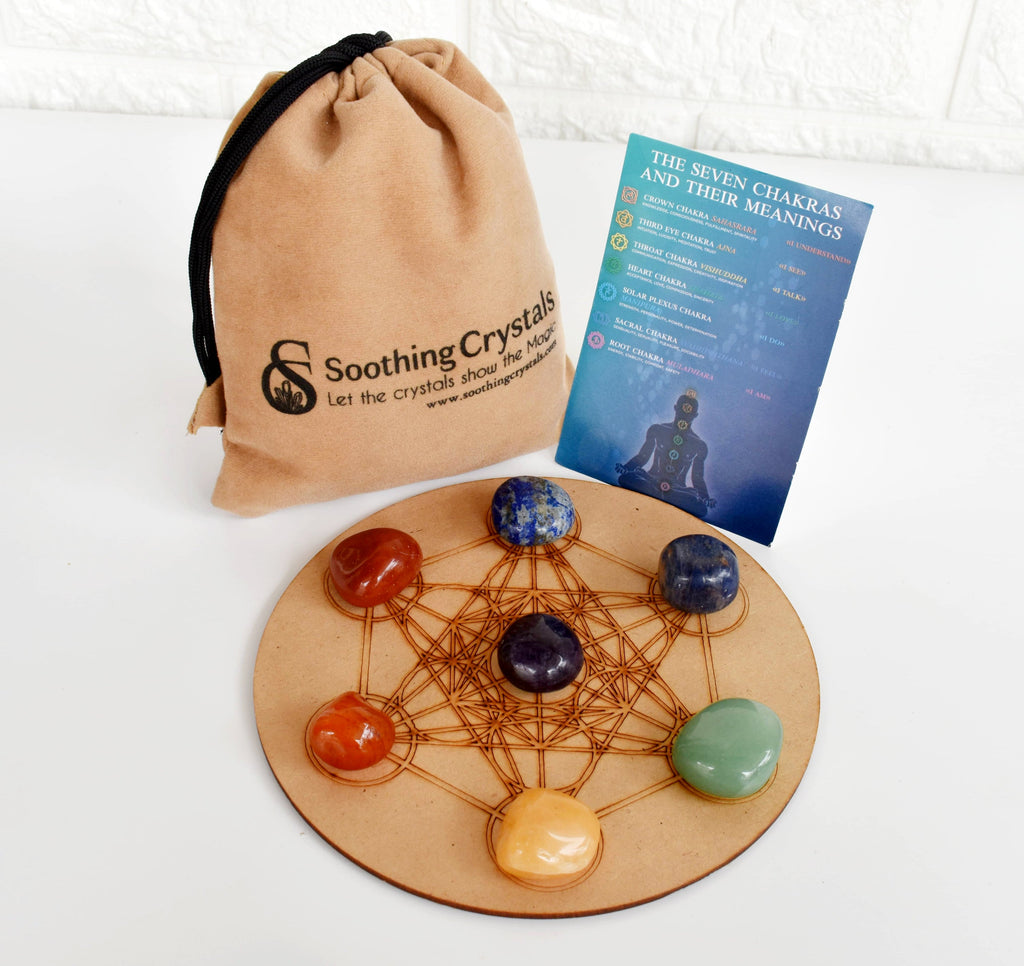 Chakra Tumbled Crystals Set, 7 Chakra Stones Set, Wooden Grid Plate, Selenite Log | | Wiccan Center