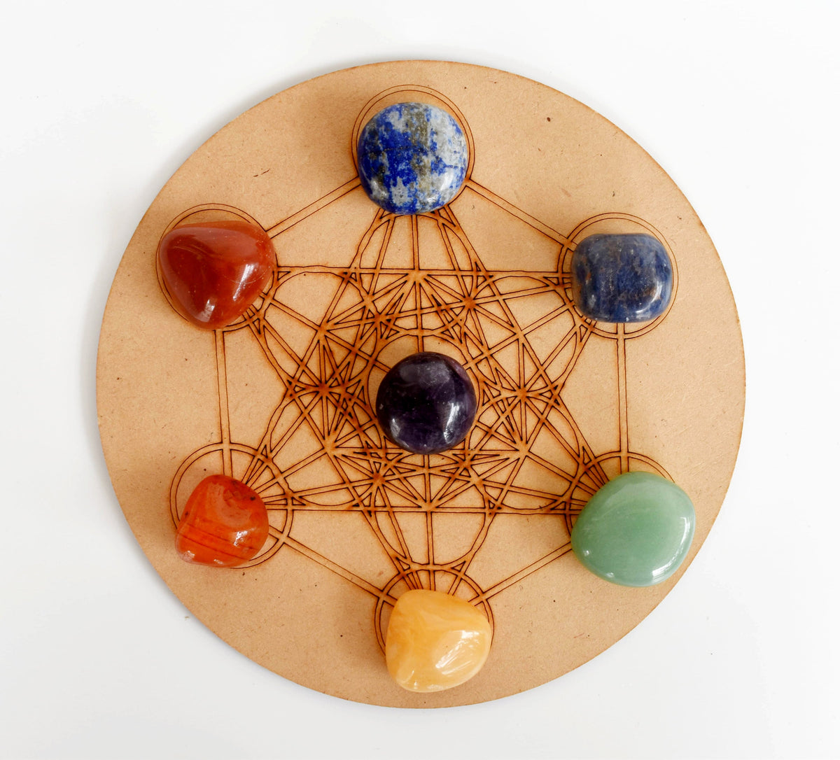 Chakra Tumbled Crystals Set, 7 Chakra Stones Set, Wooden Grid Plate, Selenite Log | | Wiccan Center