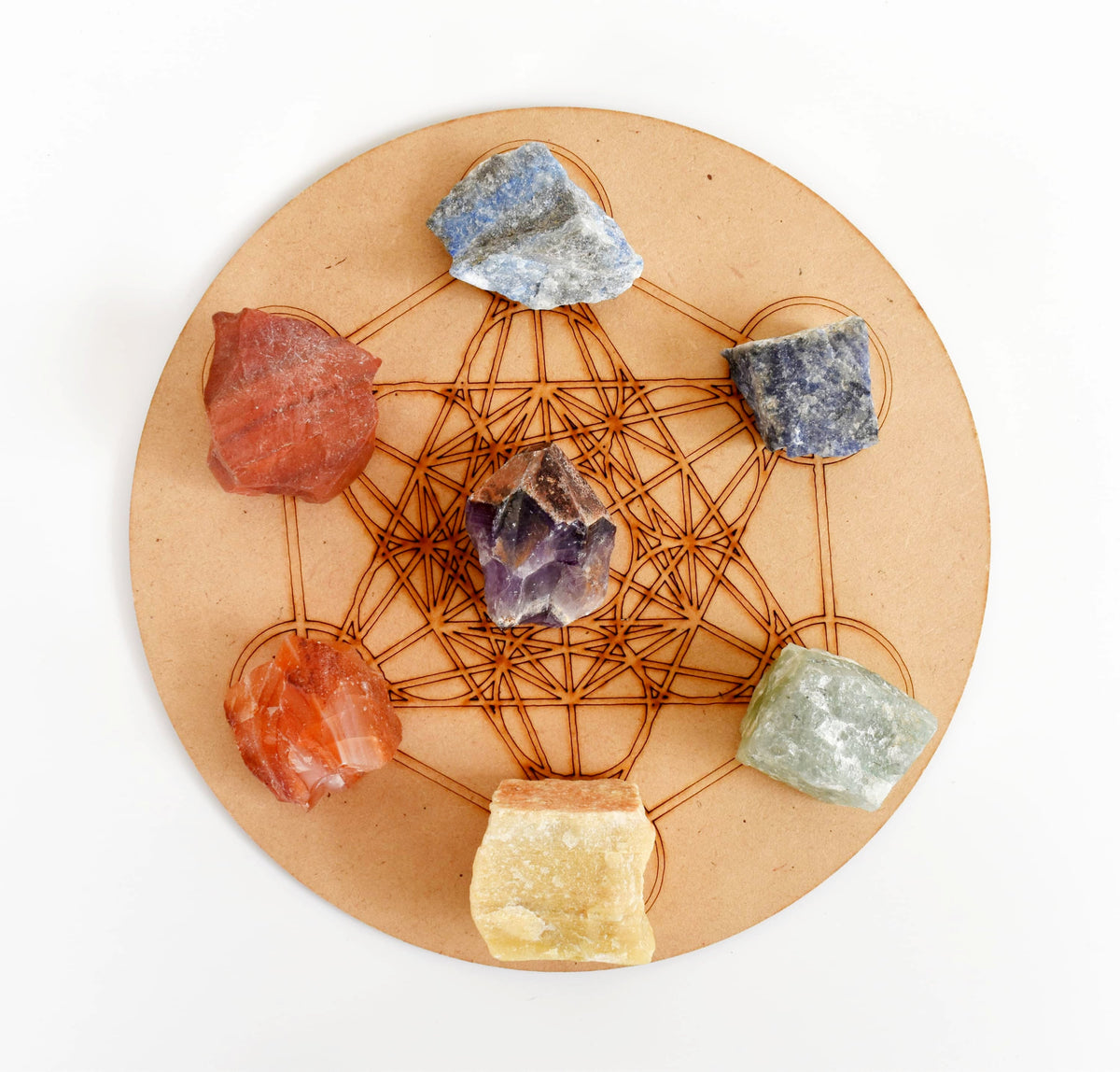 Chakra Crystals Set, 7 Chakra Rough Stones Set, Wooden Grid Plate, Selenite Log | | Wiccan Center