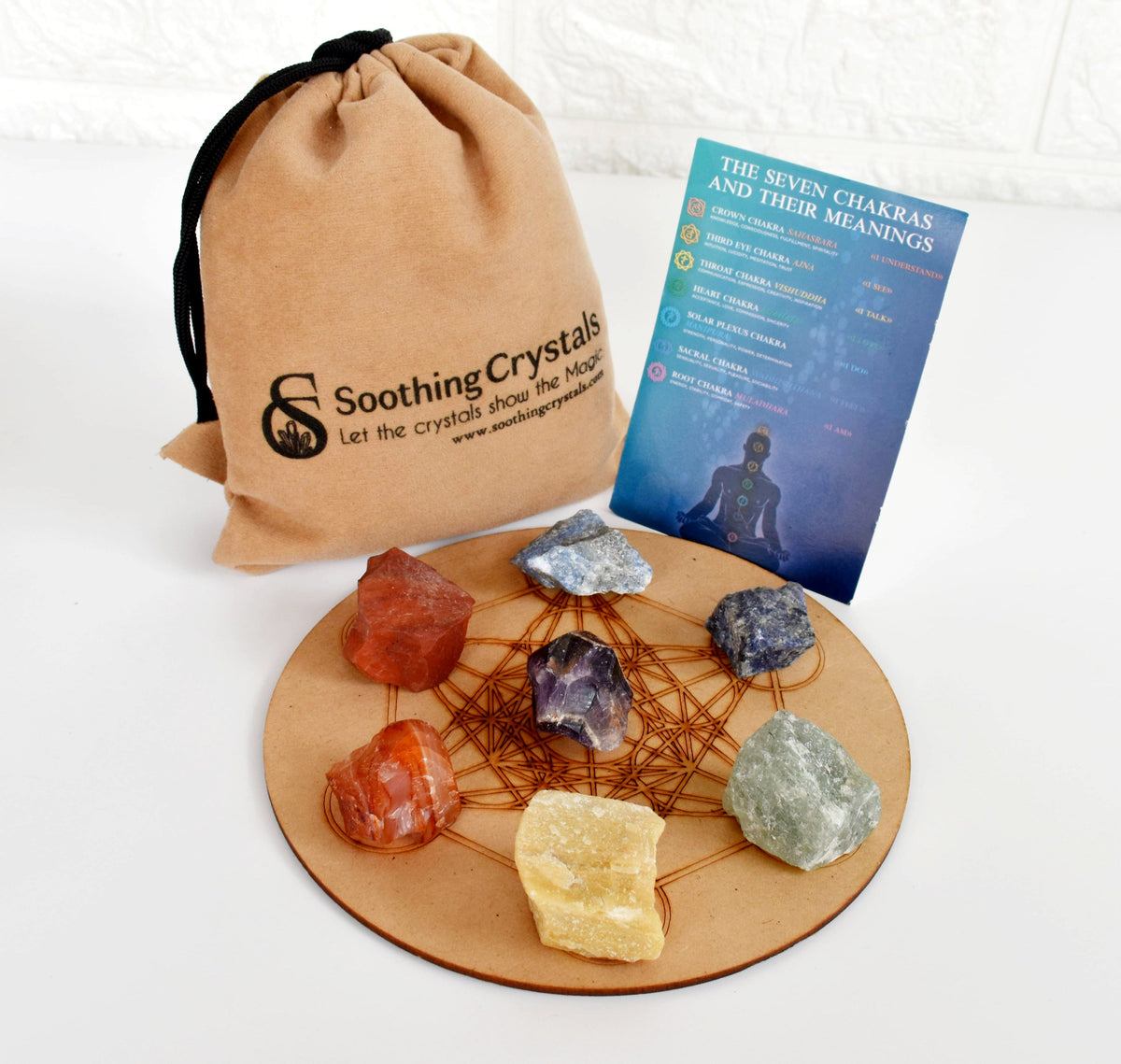 Chakra Crystals Set, 7 Chakra Rough Stones Set, Wooden Grid Plate, Selenite Log | | Wiccan Center