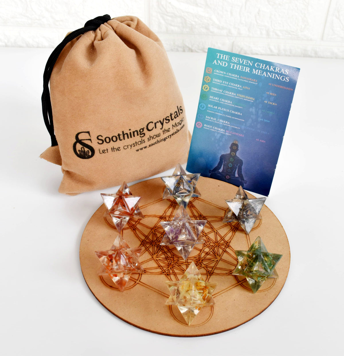 7 Chakra Orgone Merkaba Set, Chakra Crystals Set with Wooden Grid Plate, Selenite Log | Merkaba & Platonic Solids | Wiccan Center