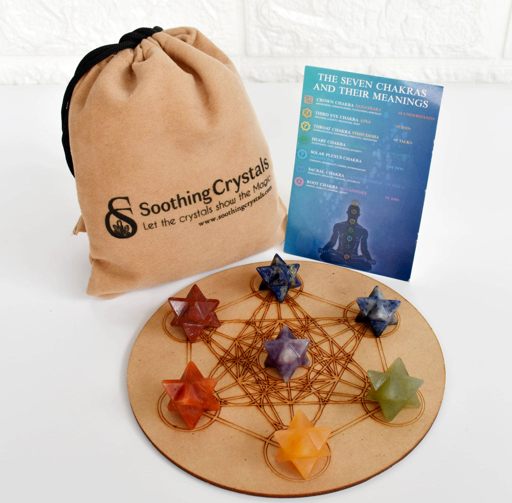 7 Chakra Merkaba Set, Chakra Crystals Set with Wooden Grid Plate, Selenite Log | Merkaba & Platonic Solids | Wiccan Center