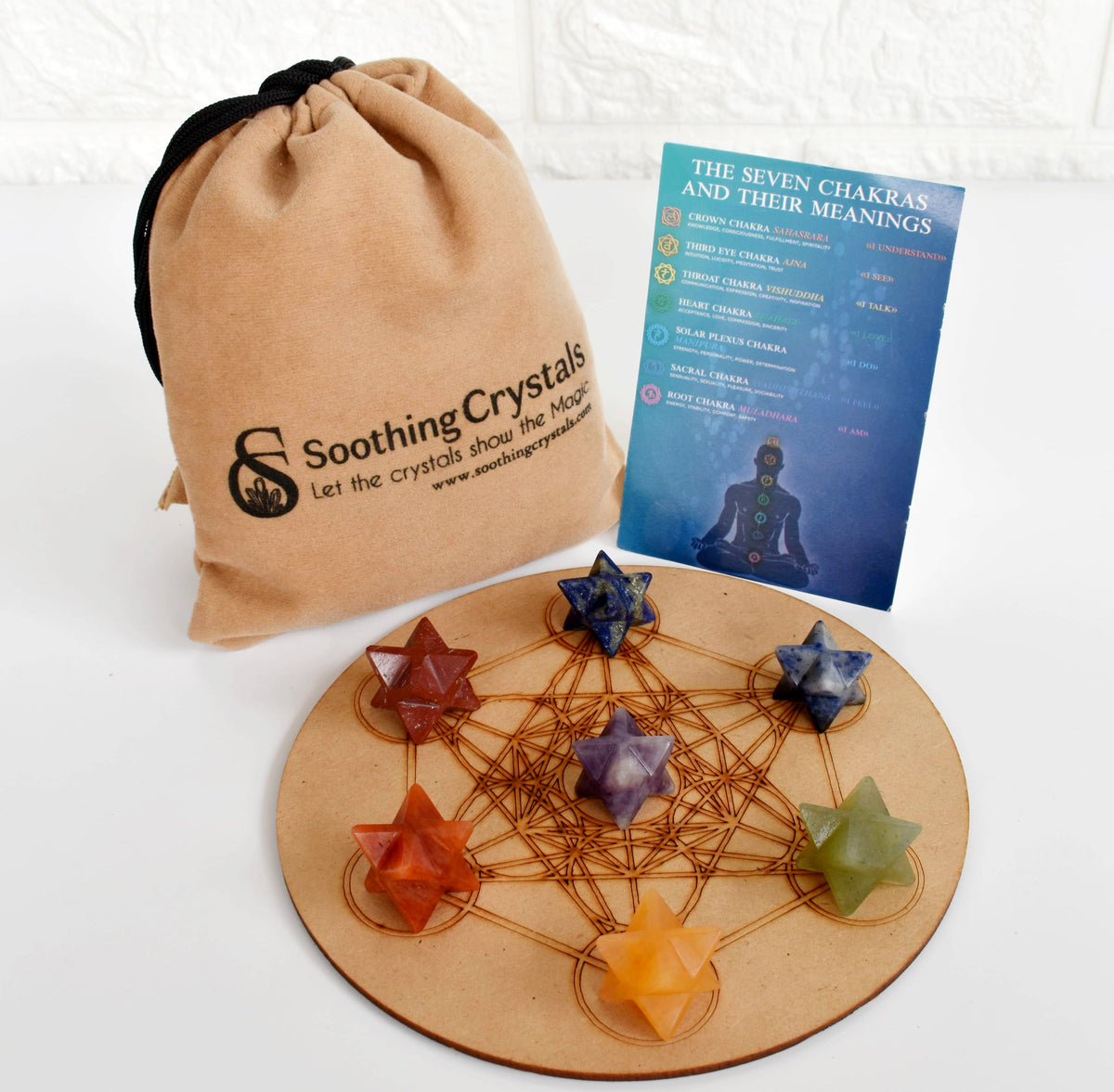7 Chakra Merkaba Set, Chakra Crystals Set with Wooden Grid Plate, Selenite Log | Merkaba & Platonic Solids | Wiccan Center