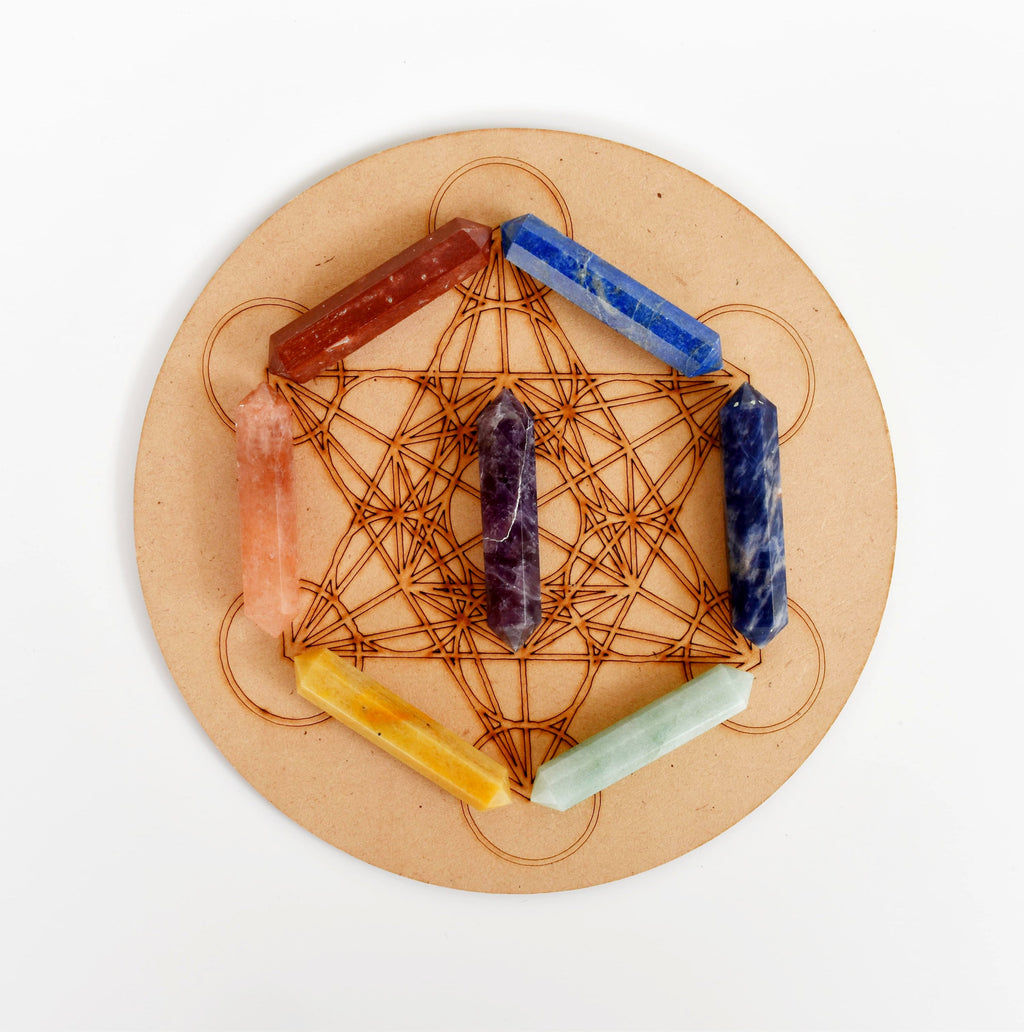 Chakra Crystals Points Set, 7 Chakra Stones Point Set with Wooden Grid Plate, Selenite Log | Obelisks & Pencils | Wiccan Center
