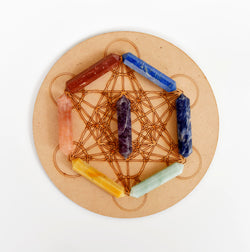 Chakra Crystals Points Set, 7 Chakra Stones Point Set with Wooden Grid Plate, Selenite Log | Obelisks & Pencils | Wiccan Center