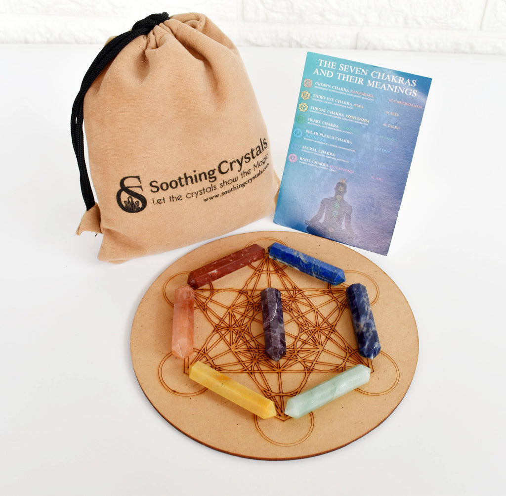 Chakra Crystals Points Set, 7 Chakra Stones Point Set with Wooden Grid Plate, Selenite Log | Obelisks & Pencils | Wiccan Center