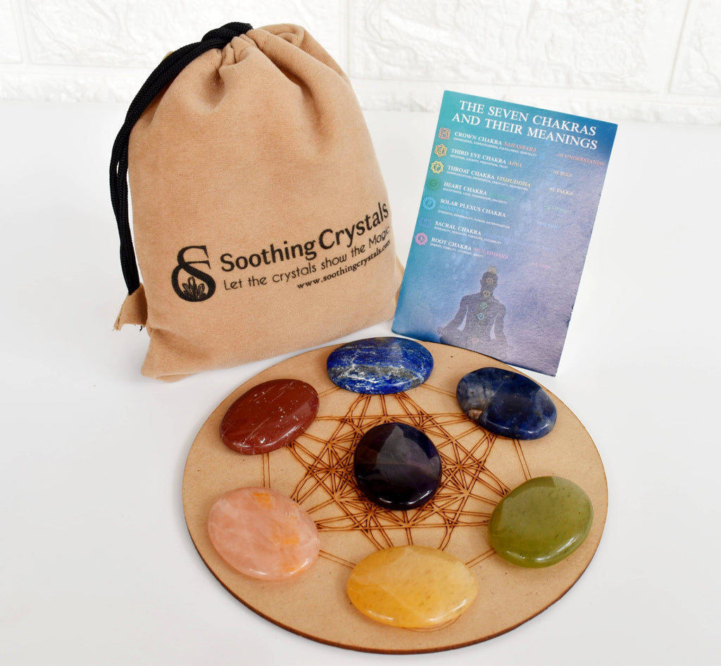 7 Chakra Crystals Worry Stones Set with Wooden Grid Plate, Selenite Log | | Wiccan Center