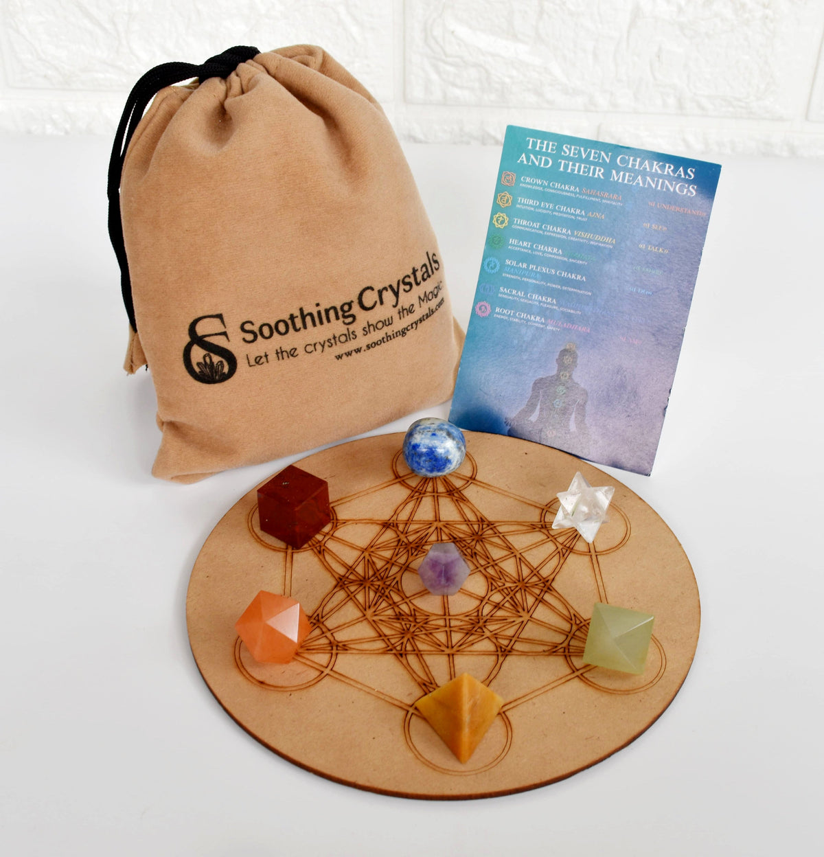 Chakra Crystals Geometric Set, 7 Chakra Plato Stones with Wooden Grid Plate, Selenite Log | Merkaba & Platonic Solids | Wiccan Center