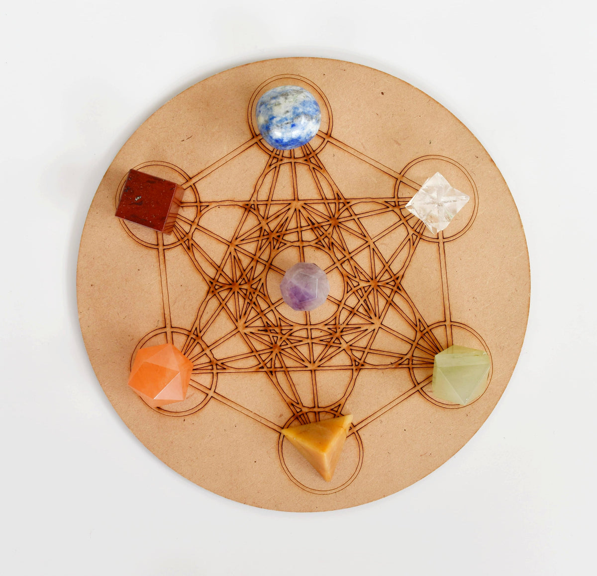 Chakra Crystals Geometric Set, 7 Chakra Plato Stones with Wooden Grid Plate, Selenite Log | Merkaba & Platonic Solids | Wiccan Center