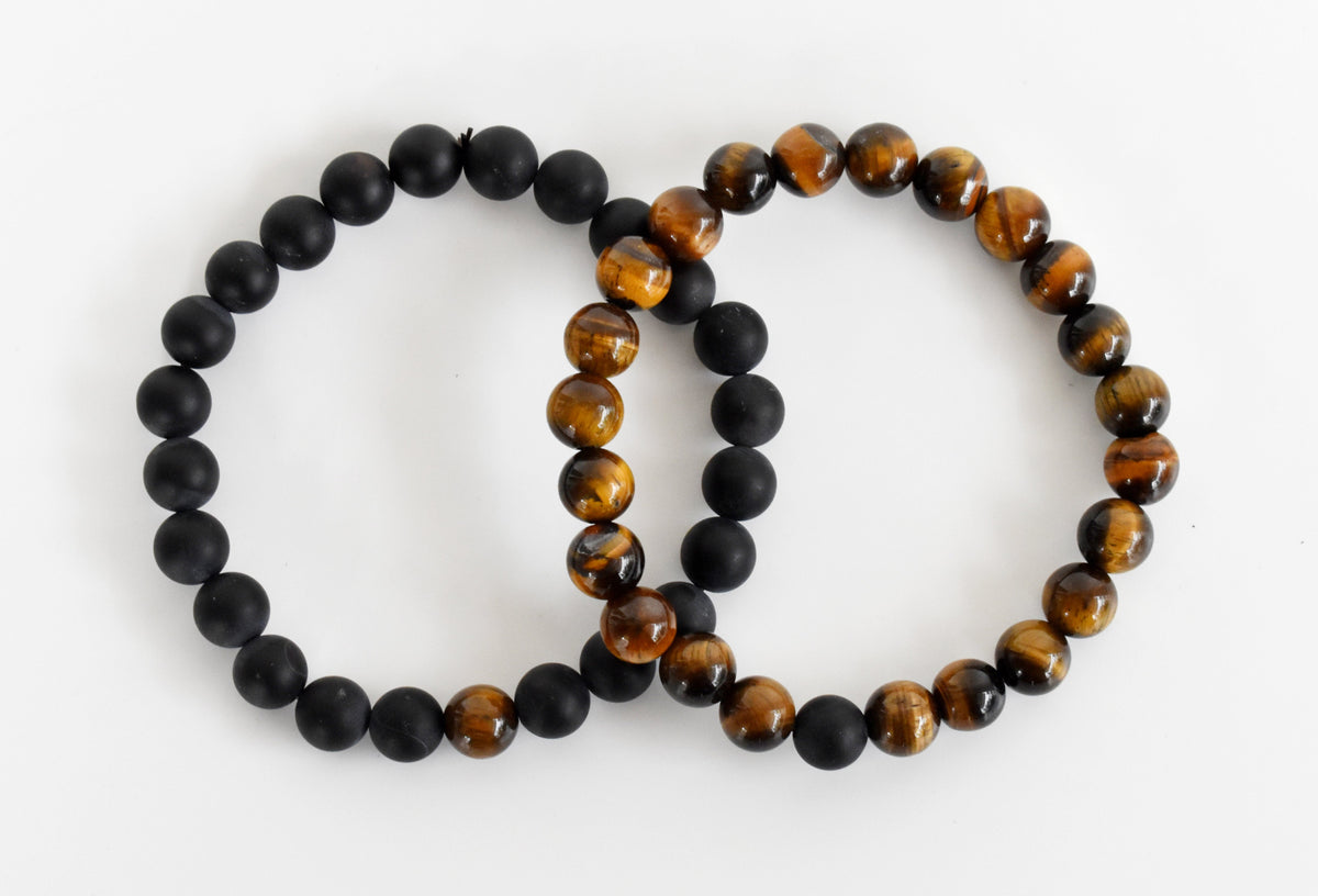 Tiger Eye Black Onyx Matt Couple Bracelets, Anniversary Gift (Focus and Creativity)