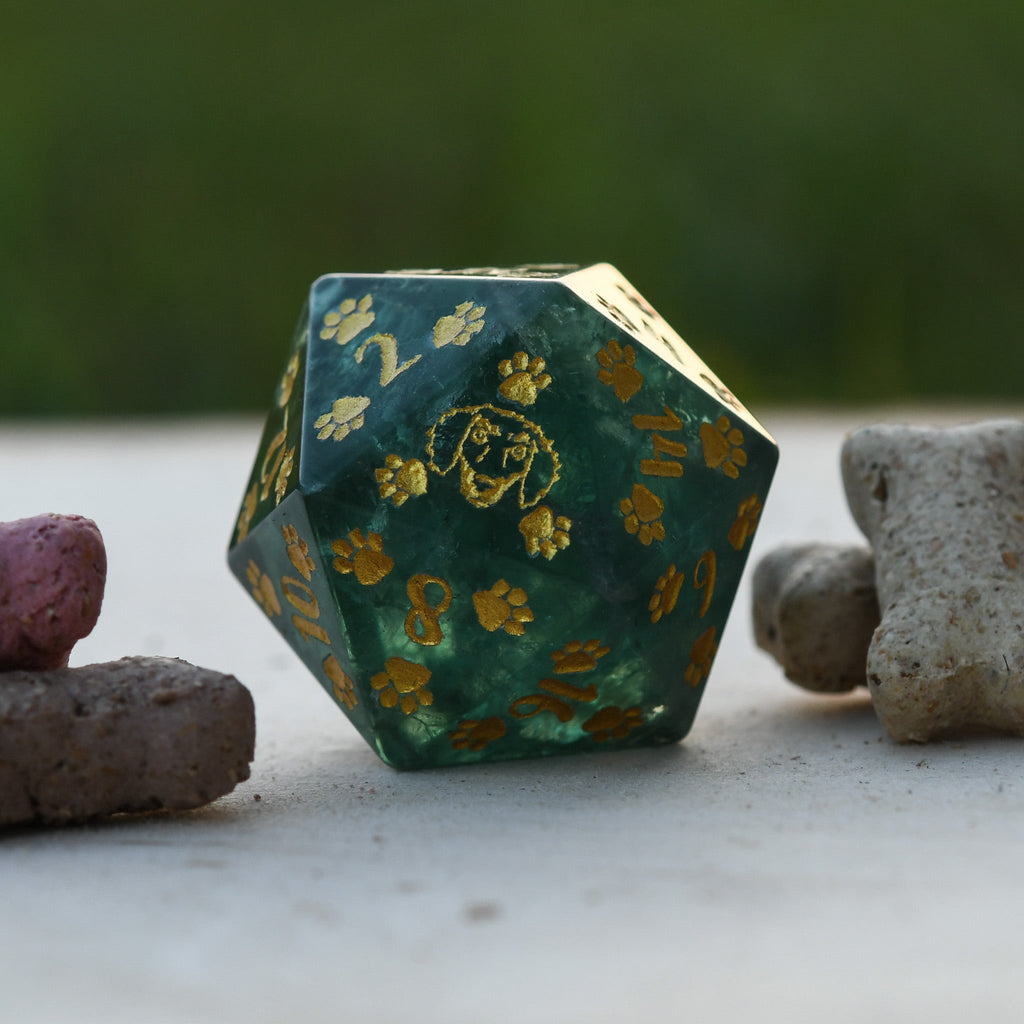 Dachshund Puppy Paws Green Fluorite 30mm D20 | DICE | Wiccan Center