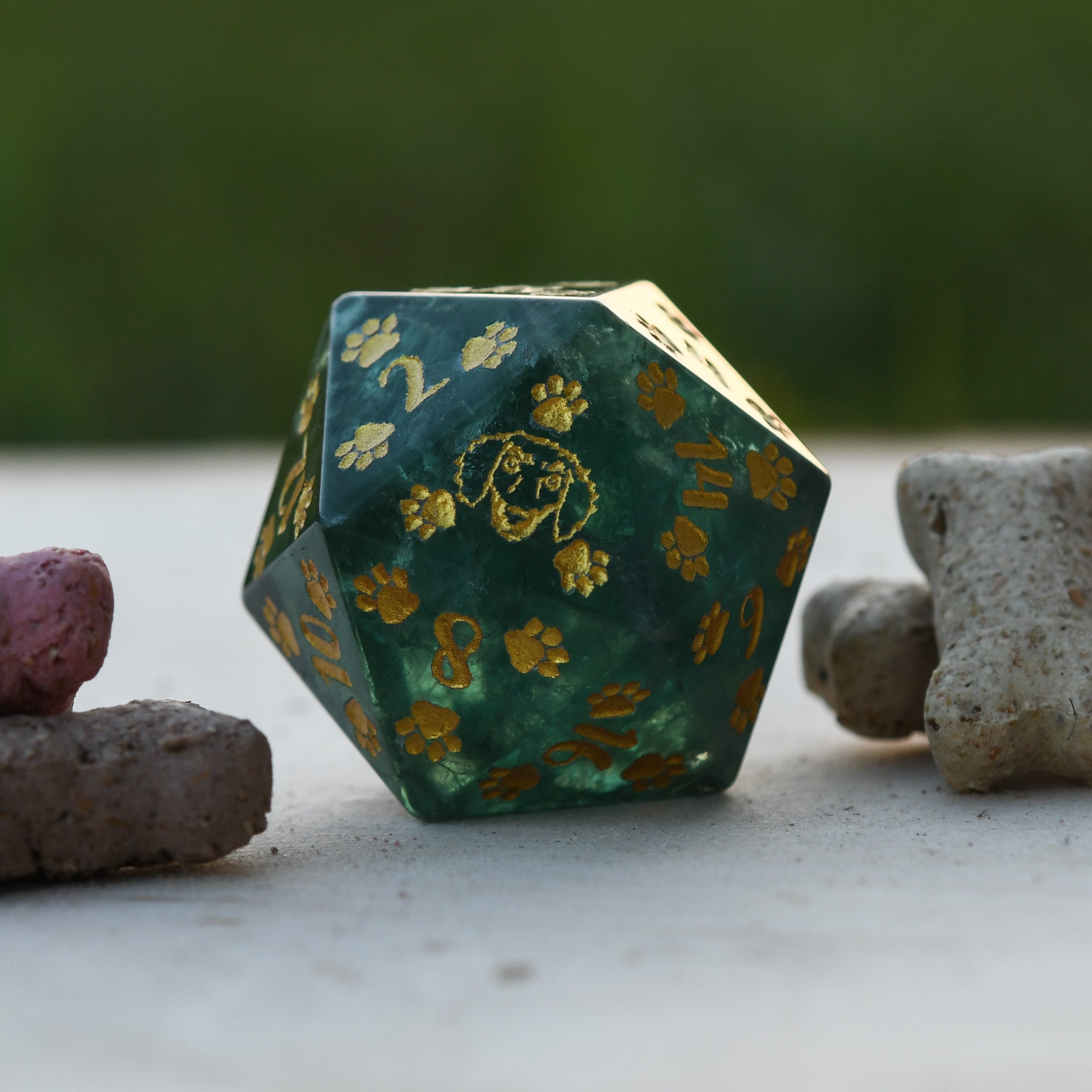 Dachshund Puppy Paws Green Fluorite 30mm D20 | DICE | Wiccan Center