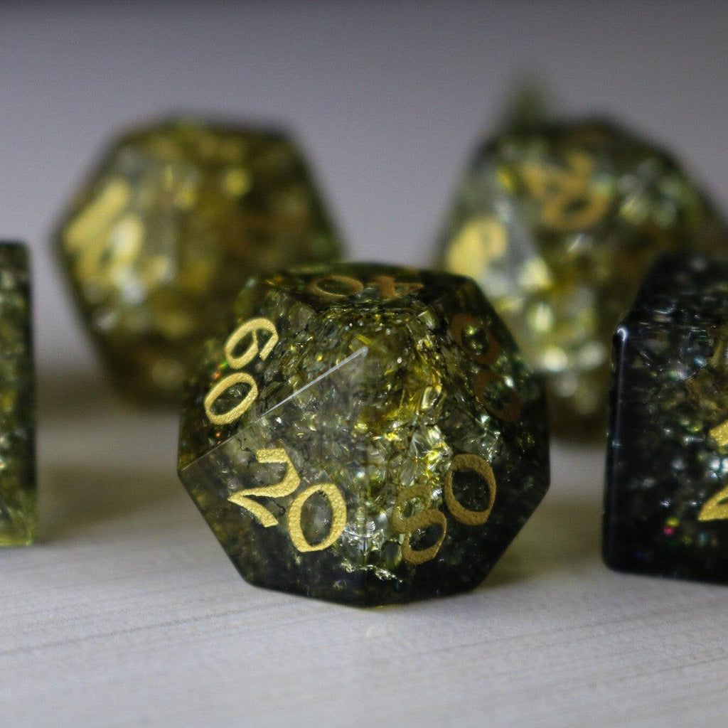 Dark Sun (Green And Yellow) Forge Fire Glass DND Dice Set | Gemstone Dice | Wiccan Center