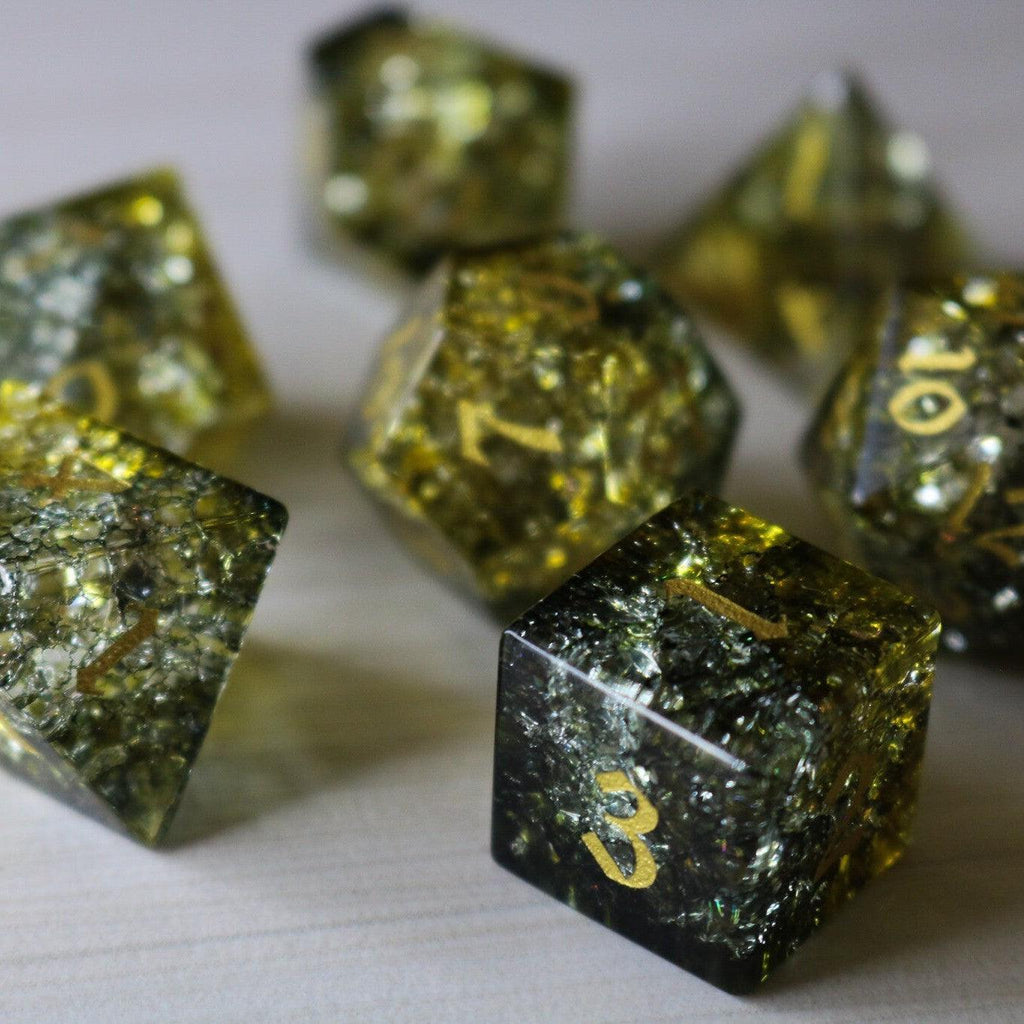 Dark Sun (Green And Yellow) Forge Fire Glass DND Dice Set | Gemstone Dice | Wiccan Center