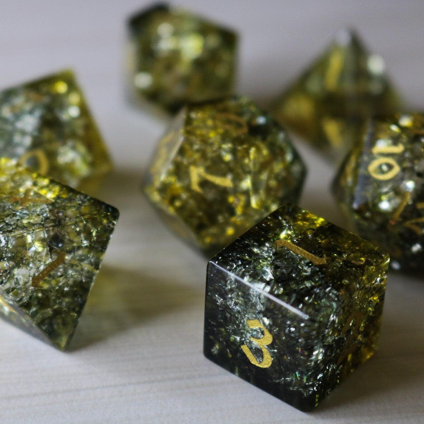 Dark Sun (Green And Yellow) Forge Fire Glass DND Dice Set | Gemstone Dice | Wiccan Center