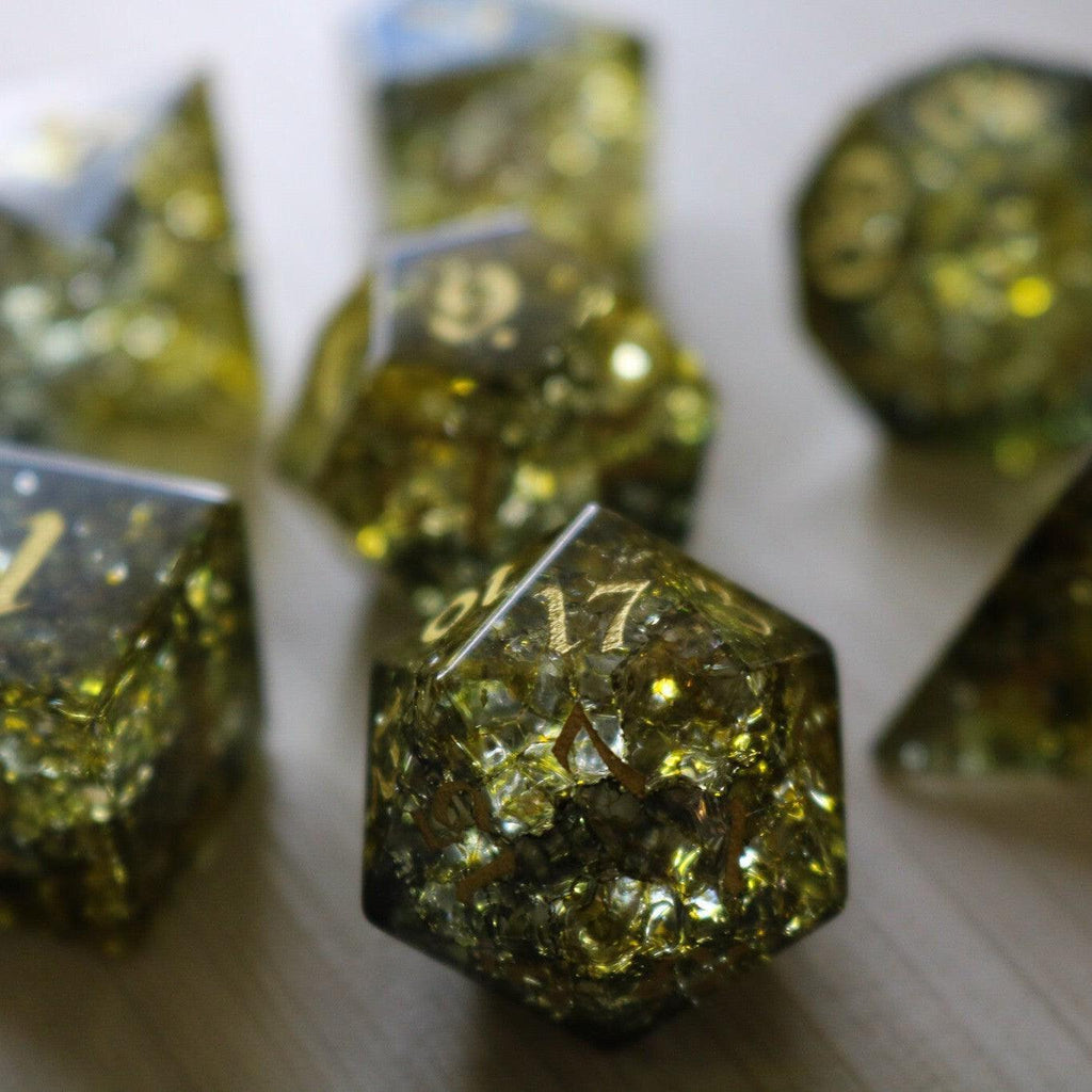 Dark Sun (Green And Yellow) Forge Fire Glass DND Dice Set | Gemstone Dice | Wiccan Center