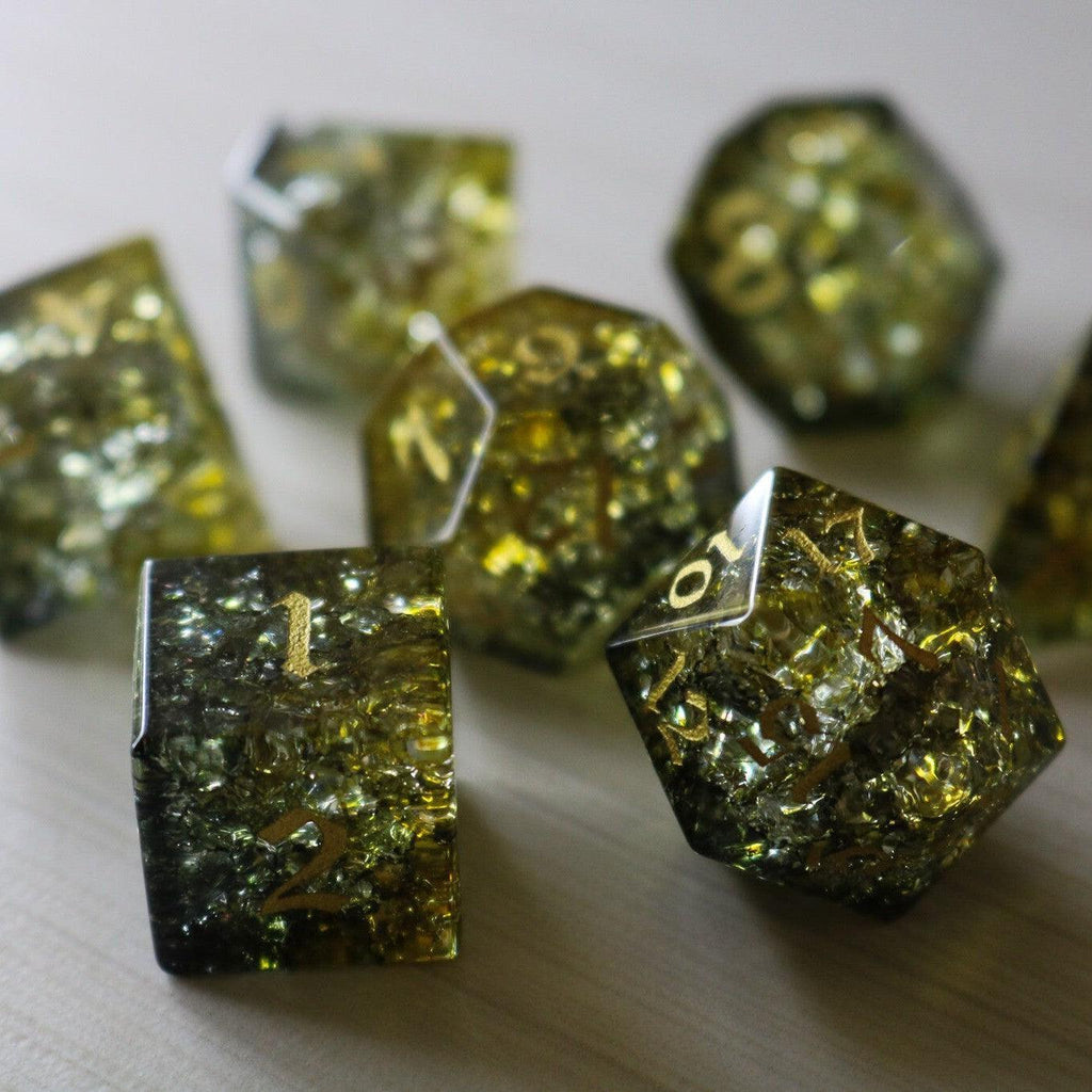 Dark Sun (Green And Yellow) Forge Fire Glass DND Dice Set | Gemstone Dice | Wiccan Center