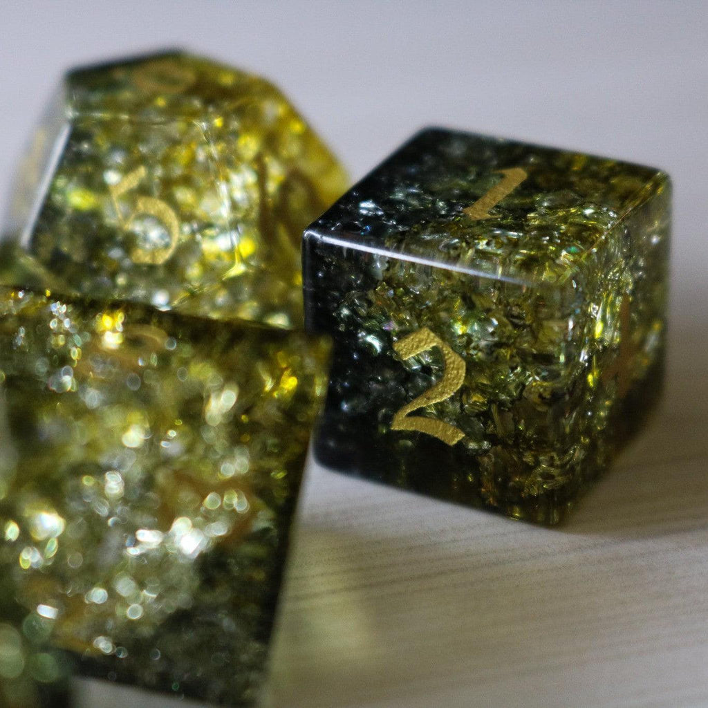 Dark Sun (Green And Yellow) Forge Fire Glass DND Dice Set | Gemstone Dice | Wiccan Center