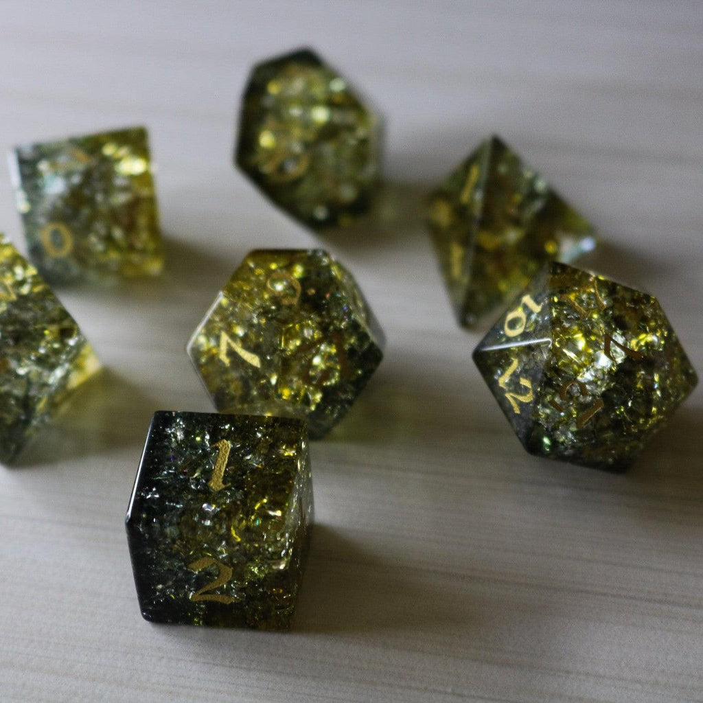 Dark Sun (Green And Yellow) Forge Fire Glass DND Dice Set | Gemstone Dice | Wiccan Center