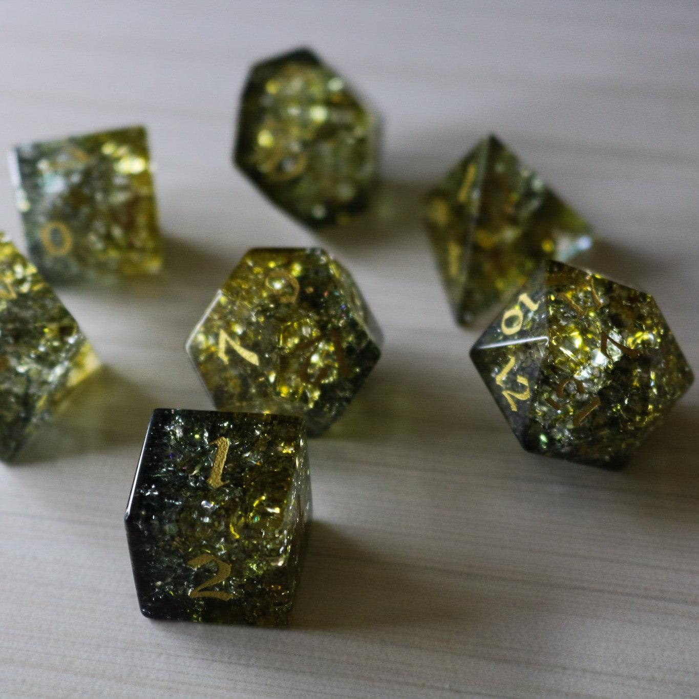 Dark Sun (Green And Yellow) Forge Fire Glass DND Dice Set | Gemstone Dice | Wiccan Center