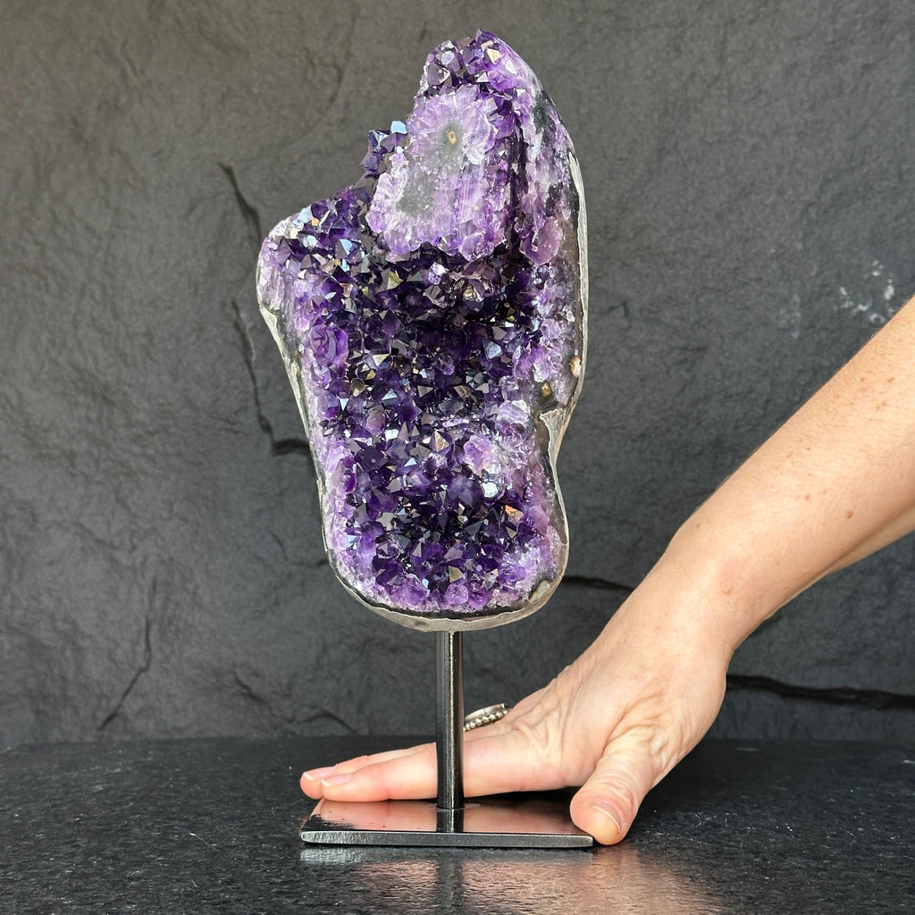 Deep Purple Natural Amethyst Geode With Metal Display Stand | Stalactite Eye Display | Wiccan Center