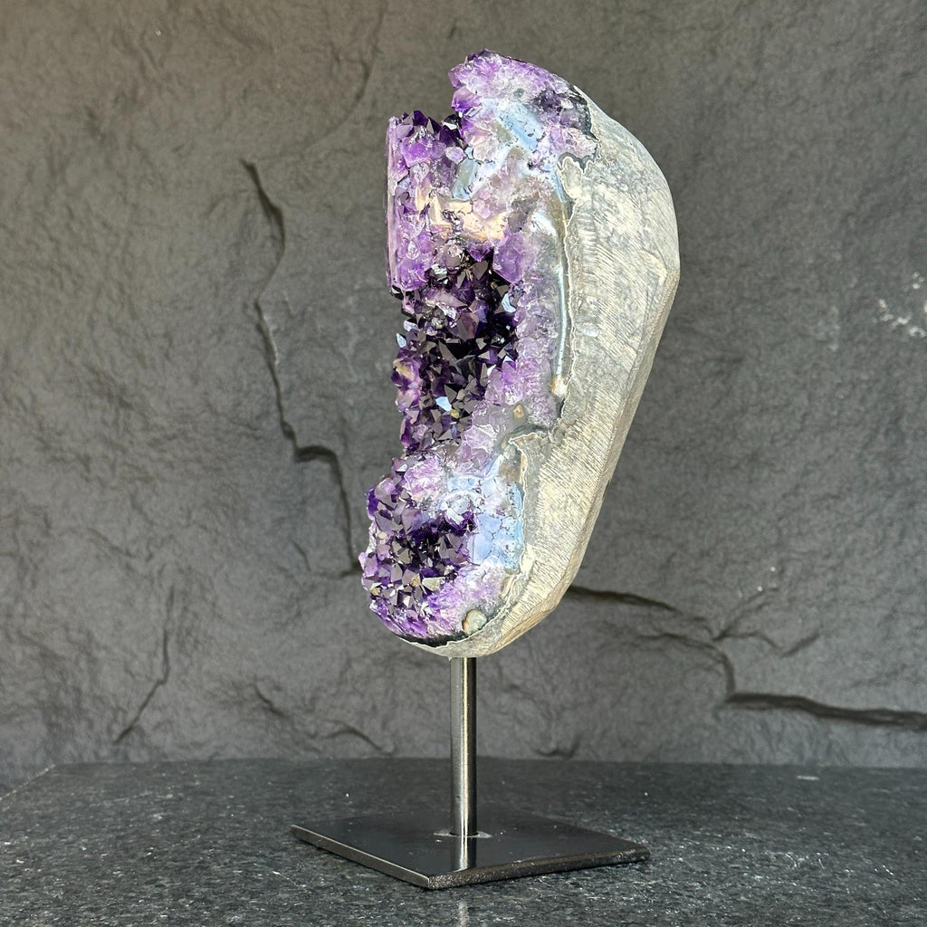 Deep Purple Natural Amethyst Geode With Metal Display Stand | Stalactite Eye Display | Wiccan Center