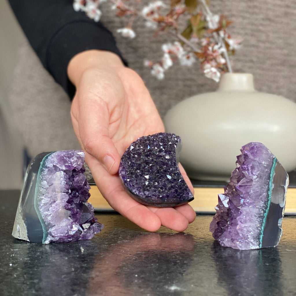 Deep Purple amethyst set (3 pieces), amethysts geodes and Moon, healing crystals | Amethyst Geodes | Wiccan Center