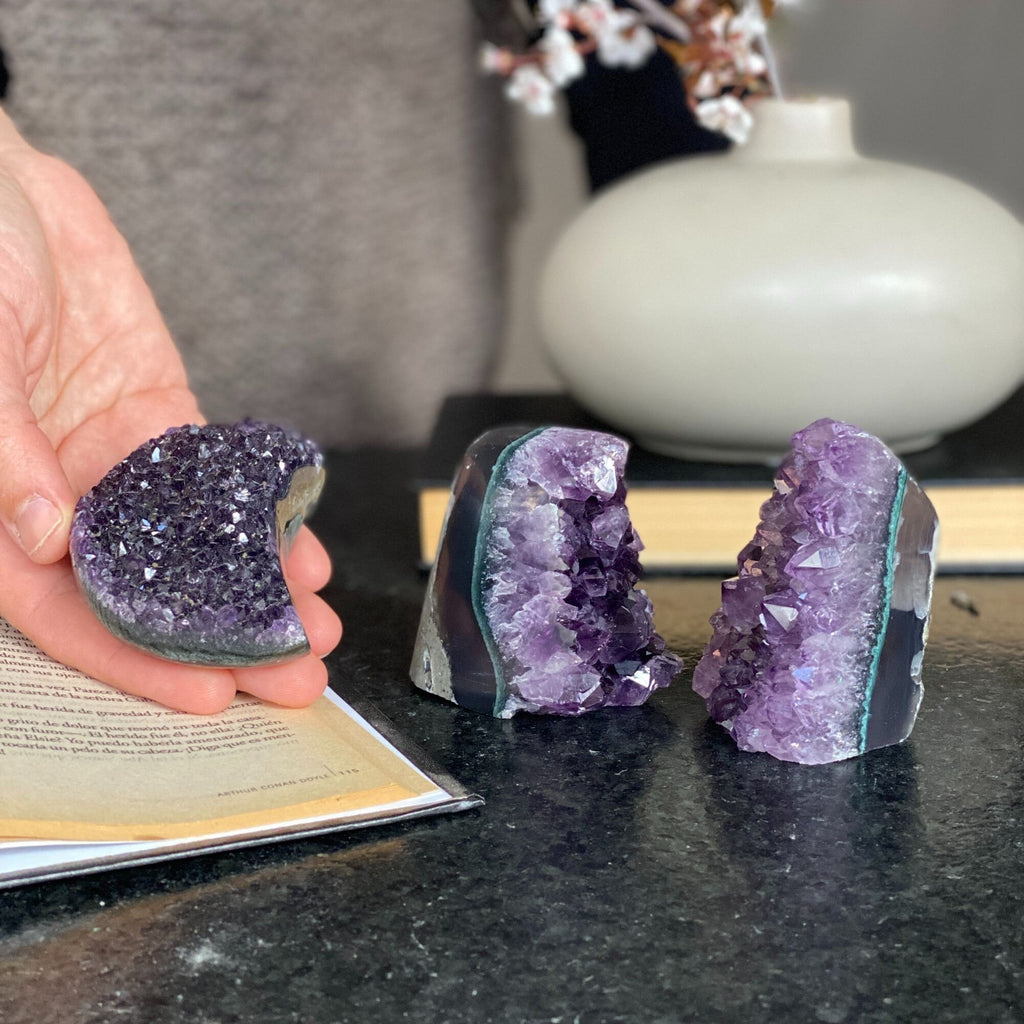 Deep Purple amethyst set (3 pieces), amethysts geodes and Moon, healing crystals | Amethyst Geodes | Wiccan Center