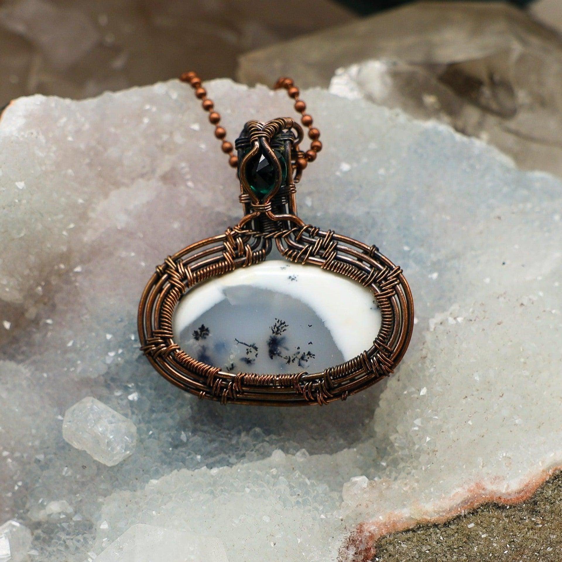 Dendritic Agate Oval Wire Wrap Pendant 2 Inch