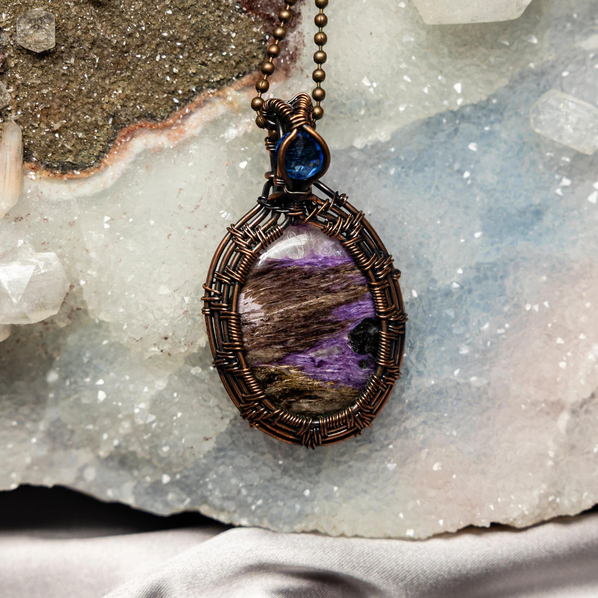 Double Charoite Wire Wrap Pendant 2.5 Inch