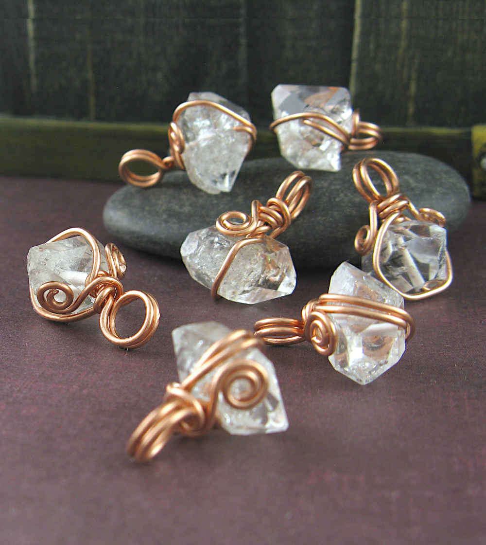 Herkimer Diamond Quartz Spiral Charm Pendant, Copper Wire-Wrapped, Handmade | Handmade > Wire-wrapped gemstones | Wiccan Center