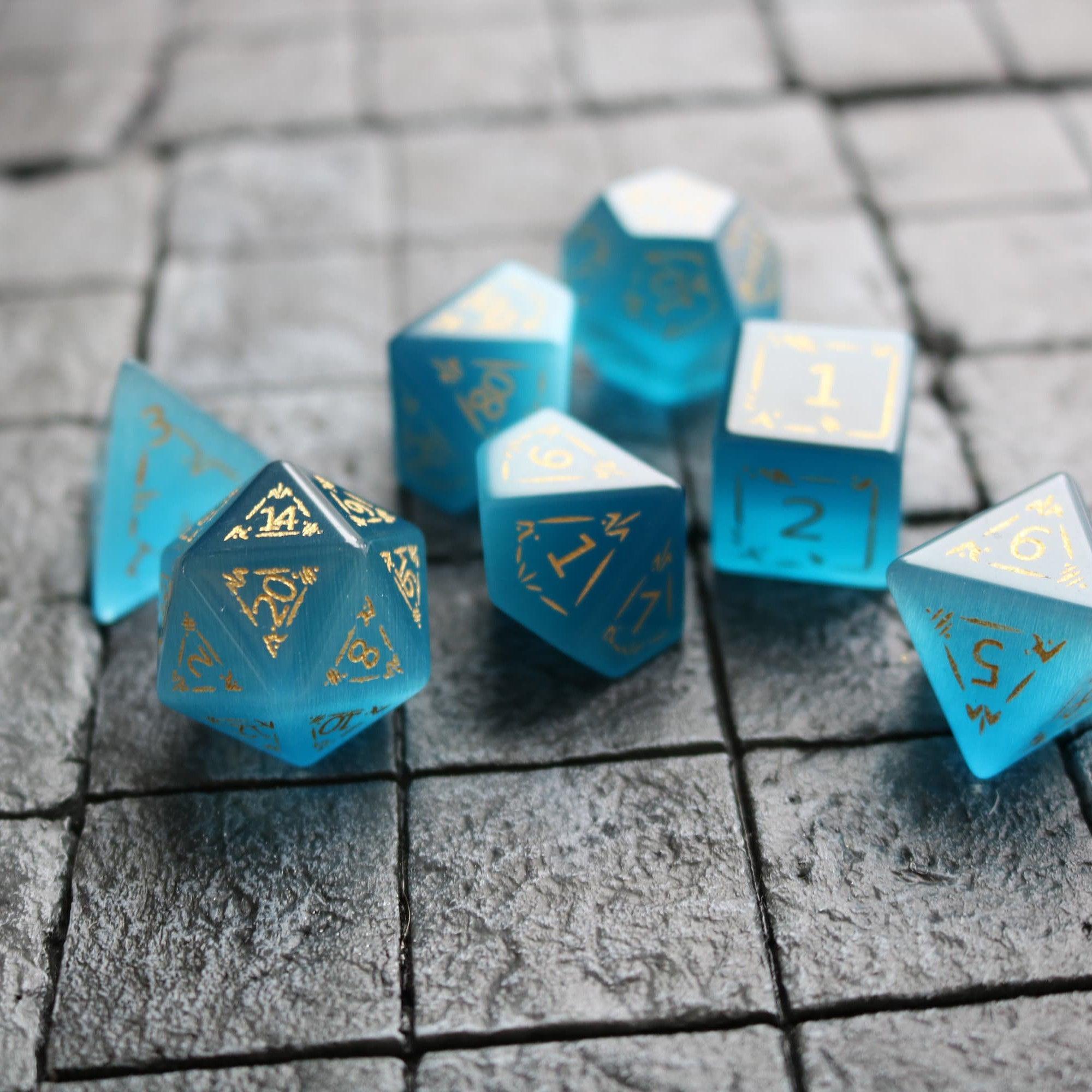 Dragon Shield Blue Cats Eye Stone Gemstone DND Dice Set | Gemstone Dice | Wiccan Center