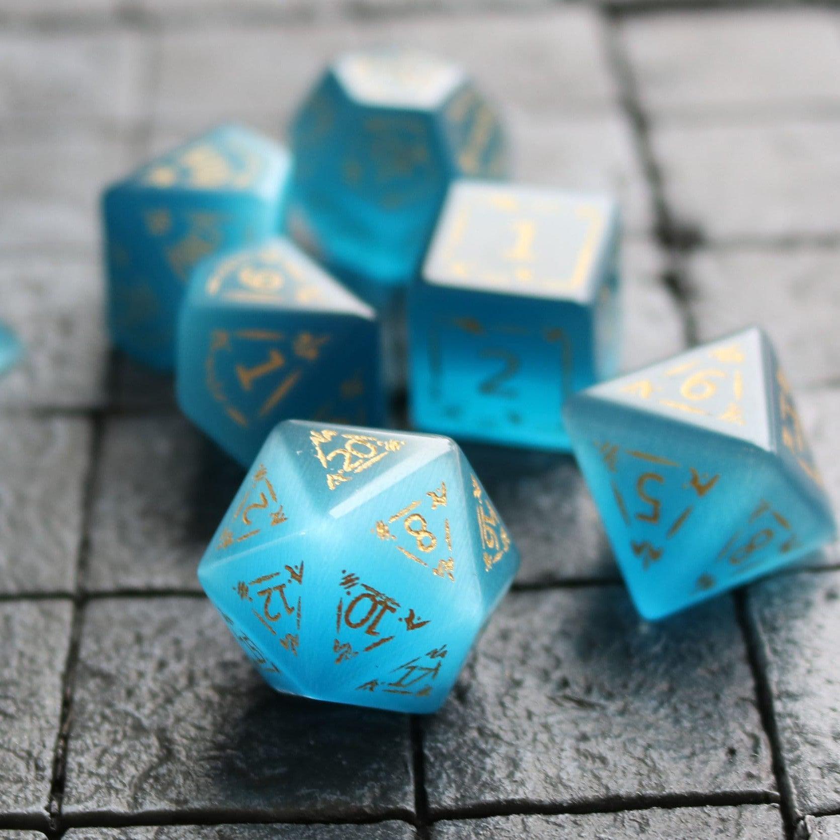 Dragon Shield Blue Cats Eye Stone Gemstone DND Dice Set | Gemstone Dice | Wiccan Center