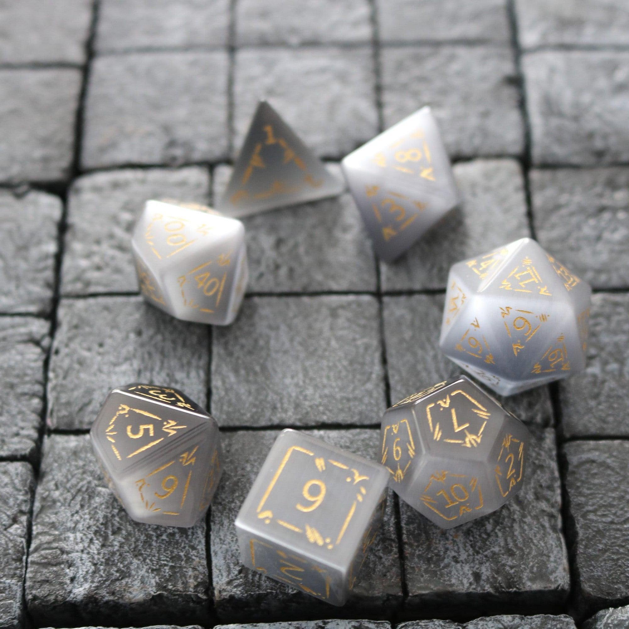 Dragon Shield Gray Cats Eye Gemstone DND Dice Set | Gemstone Dice | Wiccan Center