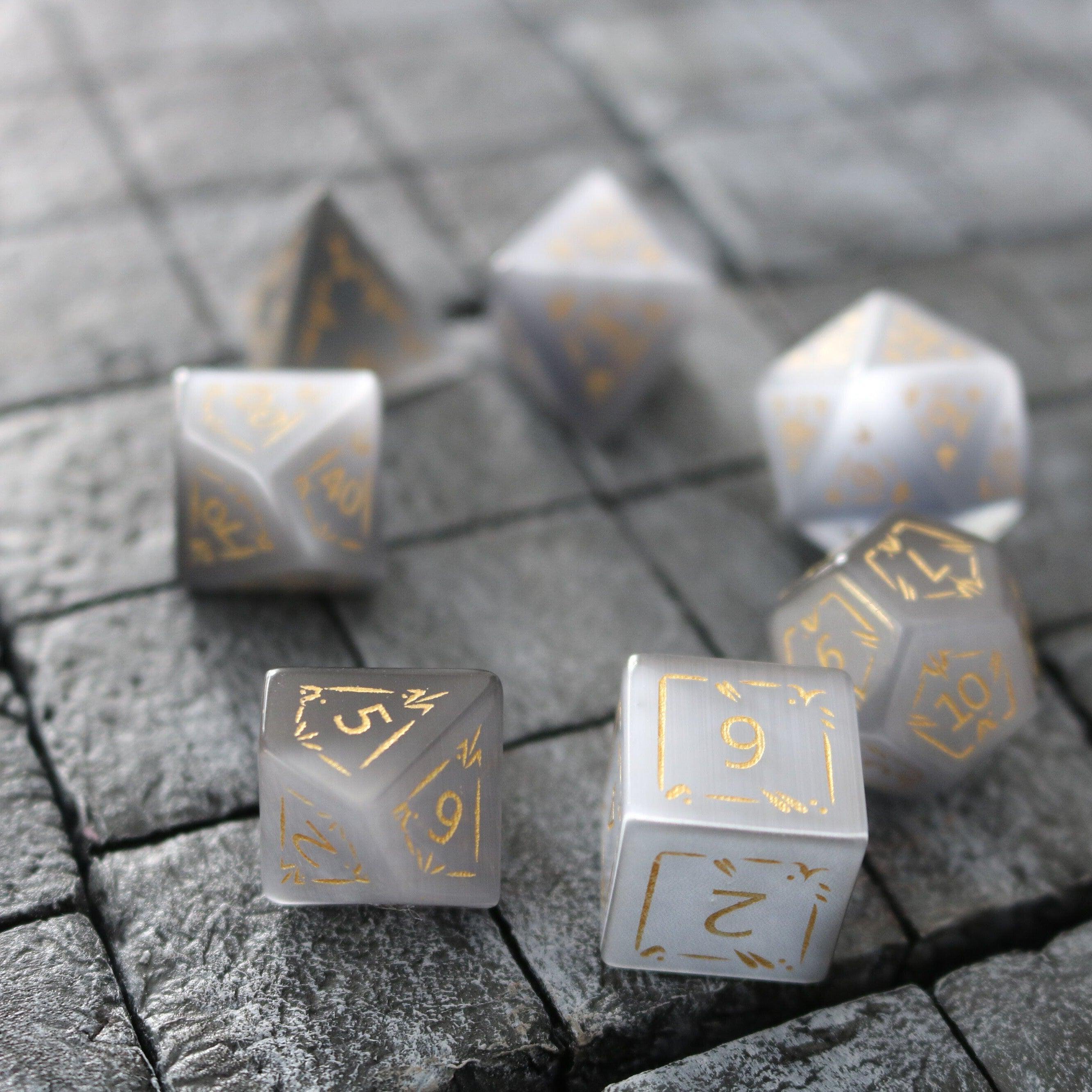 Dragon Shield Gray Cats Eye Gemstone DND Dice Set | Gemstone Dice | Wiccan Center