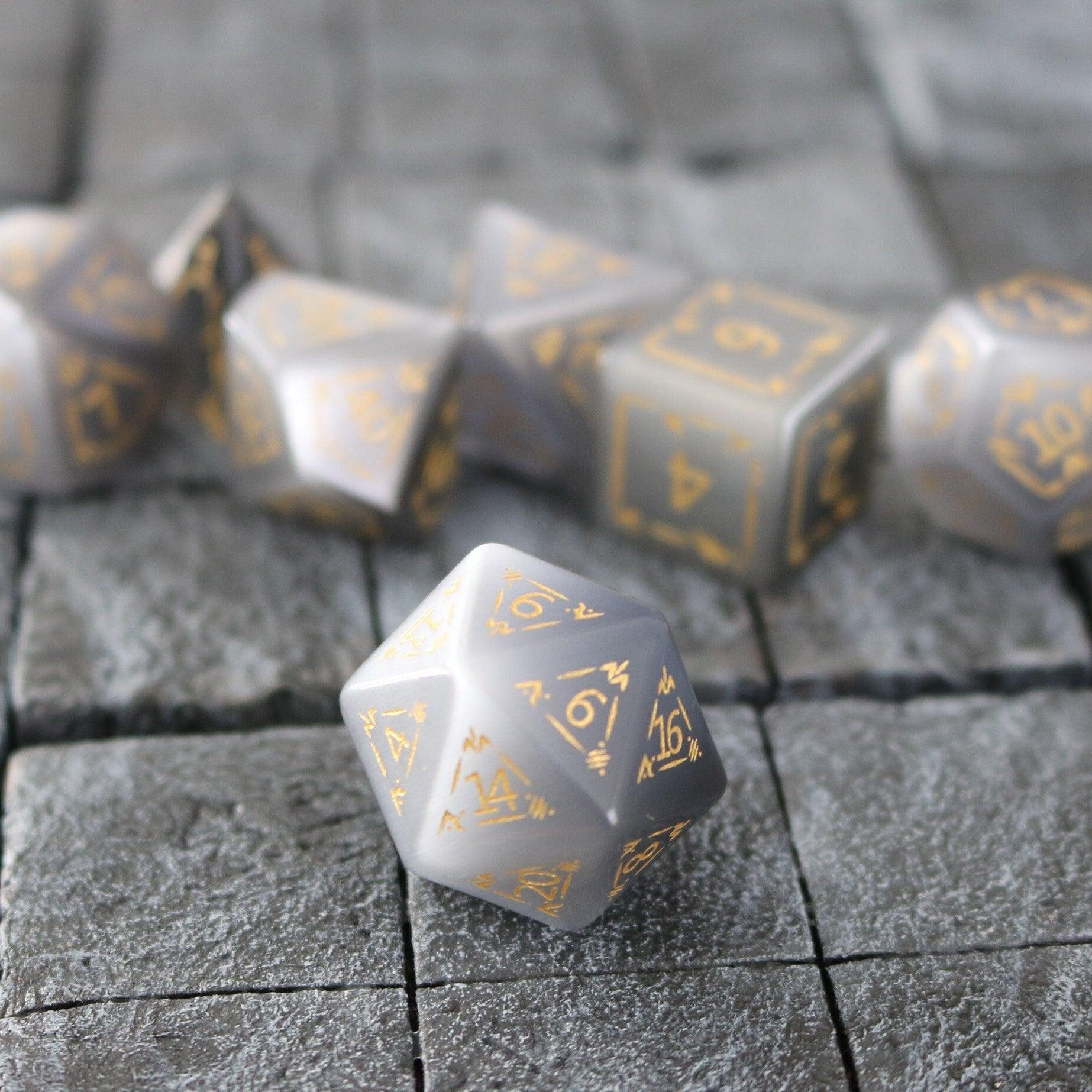 Dragon Shield Gray Cats Eye Gemstone DND Dice Set | Gemstone Dice | Wiccan Center