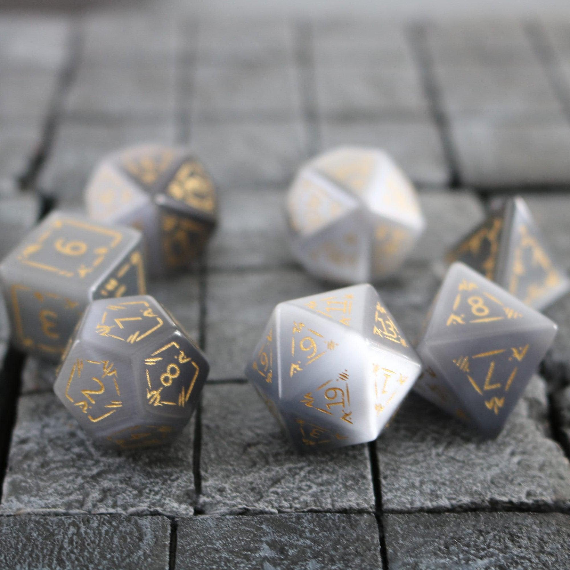 Dragon Shield Gray Cats Eye Gemstone DND Dice Set | Gemstone Dice | Wiccan Center