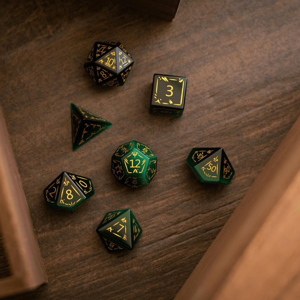 Dragon Shield Green Cats Eye Stone Gemstone DND Dice Set | Gemstone Dice | Wiccan Center